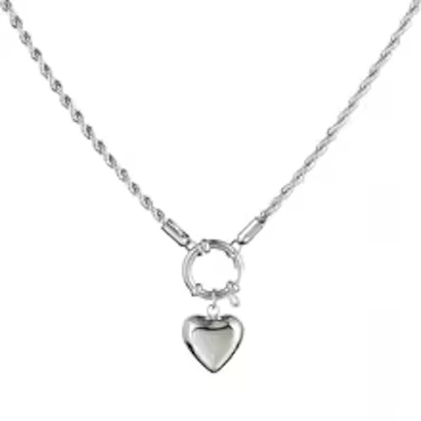 Generico Collana da Donna in Acciaio Torchon con Cuore Bombato Silver Chiusura a Timone Idea Regalo Ragazza Compleanno Festa della Mamma Natale