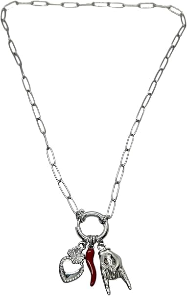Habibi Jewels Collana da Donna in Acciaio Corno Sacro Cuore Mano Corna Catena Silver Modello Portafortuna Chiusura a Timone Idea Regalo Ragazza Compleanno Festa della Mamma Natale