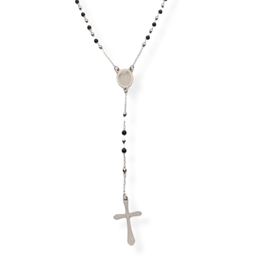 Habibi Jewels Collana Rosario in Acciaio da Uomo Donna Silver e Nero Grani Perline 4 mm Medaglietta Madonnina e Ciondolo Croce Idea Regalo Compleanno Laurea Onomastico Comunione