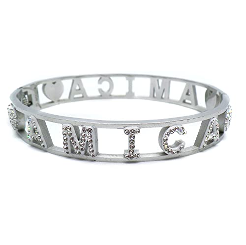 Habibi Jewels Bracciale AMICA in Acciaio Modello Rigido da Donna con Scritta Zirconi Bianchi Braccialetto Chiusura a Manetta Bracelet for woman Idea Regalo Compleanno Onomastico Laurea Amicizia