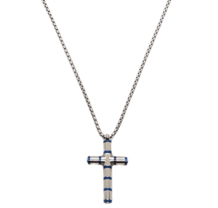 Habibi Jewels Collana Croce Acciaio Uomo Blu Lucida Catena a Maglia Festa del Papà Idea Regalo Compleanno Laurea