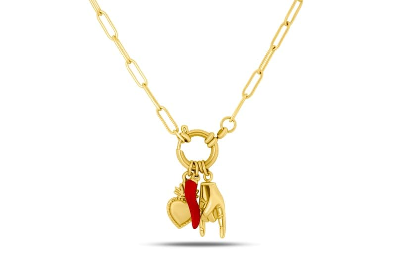 Habibi Jewels Collana da Donna in Acciaio Corno Sacro Cuore Mano Corna Catena Gold Dorata Modello Portafortuna Chiusura a Timone Idea Regalo Ragazza Compleanno Festa della Mamma Natale