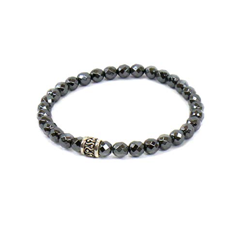 Bracciale Elastico con pietre dure naturali Ematite sfaccettata 6 mm ed elemento centrale in argento 925 per Uomo Donna Made in Italy artigianale Fatto a mano