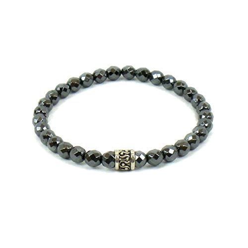Bracciale Elastico con pietre dure naturali Ematite sfaccettata 6 mm ed elemento centrale in argento 925 per Uomo Donna Made in Italy artigianale Fatto a mano