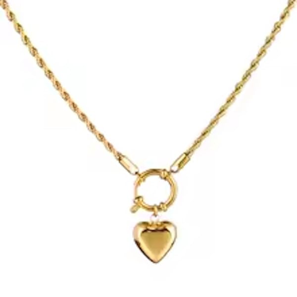 Collana da Donna in Acciaio Torchon con Cuore Bombato Gold Chiusura a Timone Idea Regalo Ragazza Compleanno Festa della Mamma Natale
