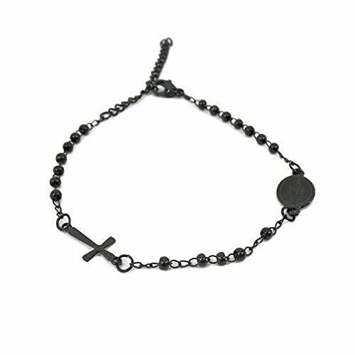 Habibi Jewels Bracciale Rosario in Acciaio colore nero da Uomo Donna con Croce e Medaglietta Braccialetto Unisex Idea Regalo Natale Compleanno Laurea