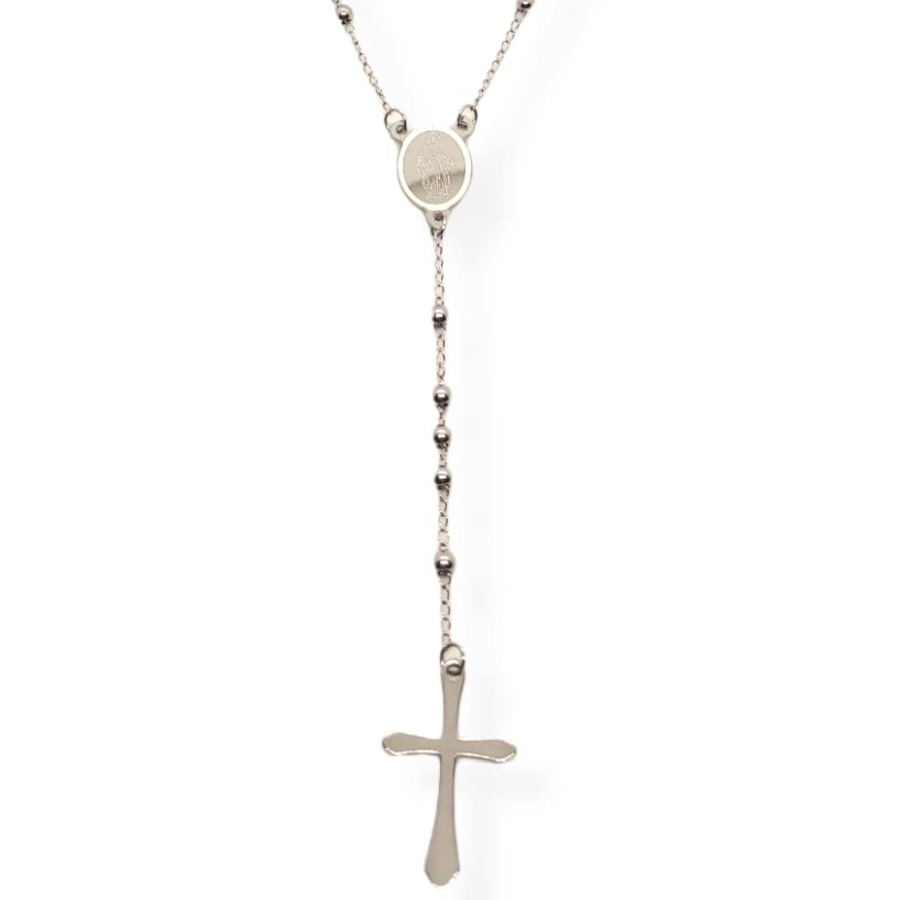Habibi Jewels Collana Rosario in Acciaio da Uomo Donna Silver Grani Perline 4 mm Medaglietta Madonnina e Ciondolo Croce Idea Regalo Compleanno Laurea Onomastico Comunione