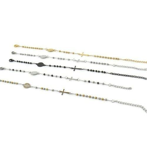 Habibi Jewels Bracciale Rosario in Acciaio colore nero da Uomo Donna con Croce e Medaglietta Braccialetto Unisex Idea Regalo Natale Compleanno Laurea