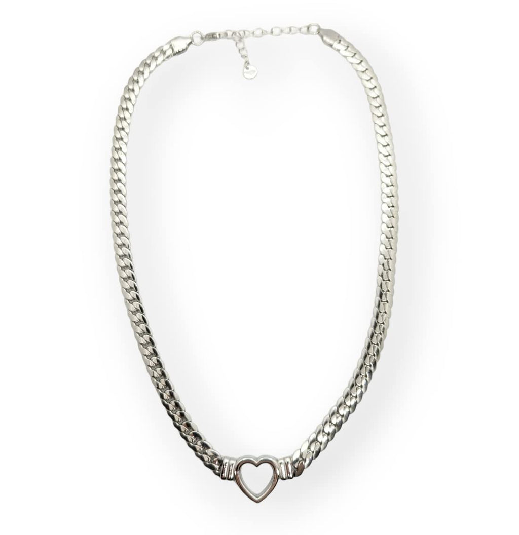 Habibi Jewels Collana a Girocollo da Donna in Acciaio con Cuore Centrale Silver Modello Catena Maglia Cubana Idea Regalo Ragazza Compleanno Festa della Mamma Natale