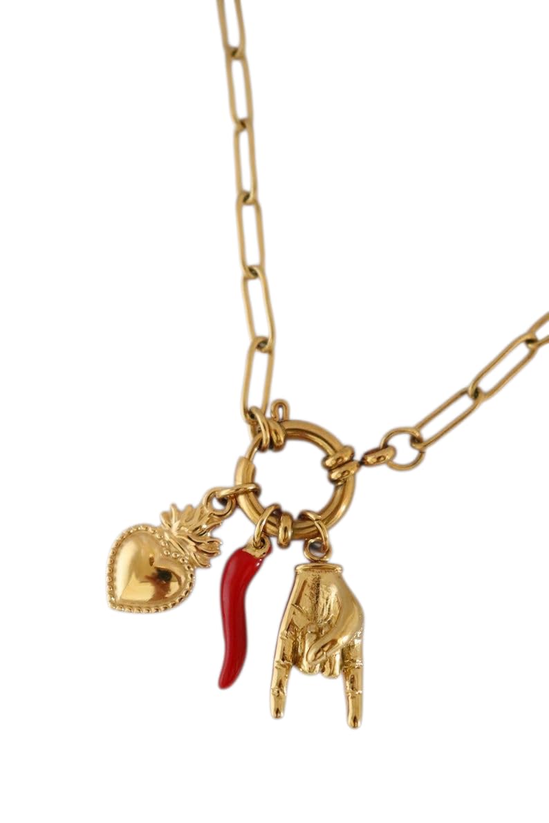 Habibi Jewels Collana da Donna in Acciaio Corno Sacro Cuore Mano Corna Catena Gold Dorata Modello Portafortuna Chiusura a Timone Idea Regalo Ragazza Compleanno Festa della Mamma Natale