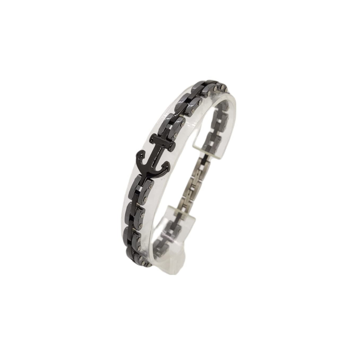 Bracciale con Ancora in Acciaio e Ceramica Silver e Nero