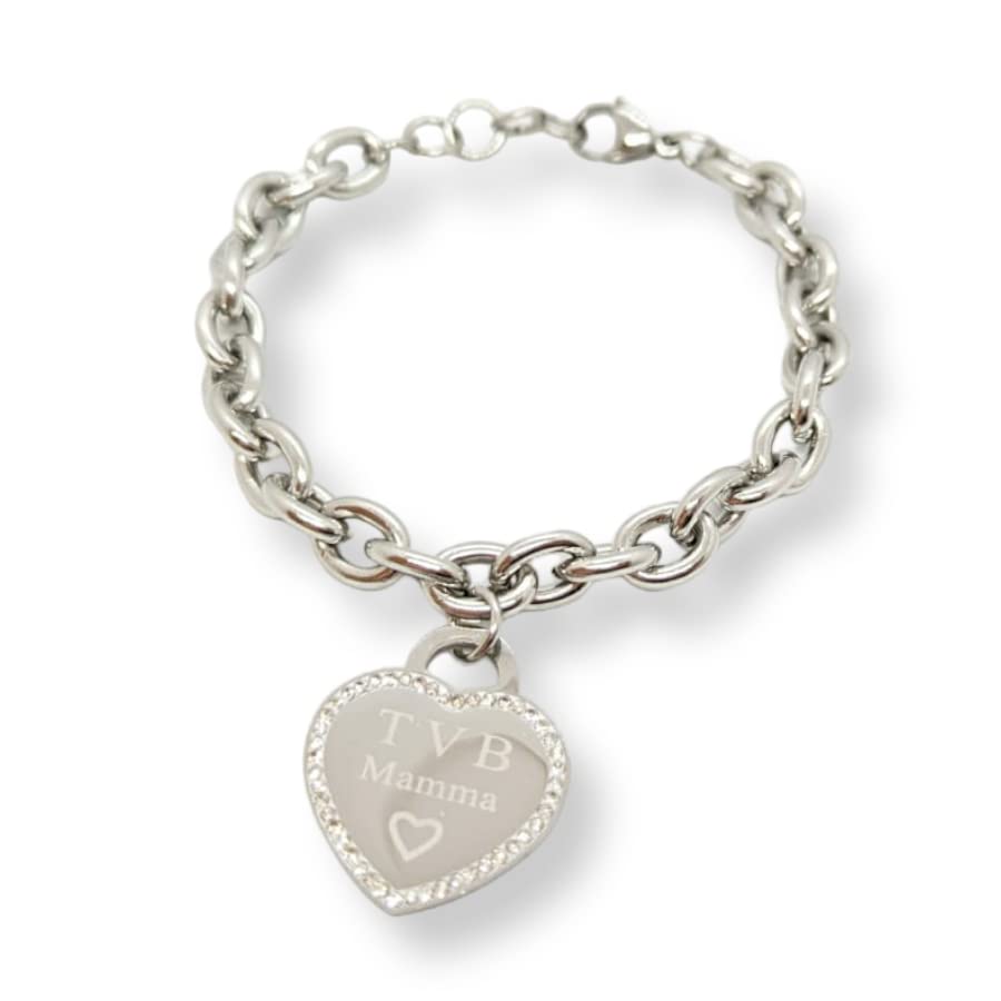 Bracciale da donna in Acciaio con Cuore Scritta Frase TVB MAMMA con Zirconi Catena a Maglia Larga Braccialetto Ti Voglio Bene Compleanno Laurea Onomastico Festa della Mamma Festa della Donna
