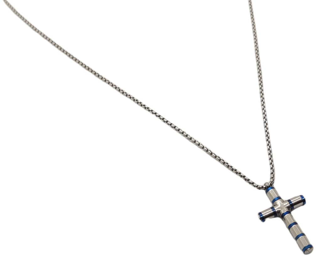 Habibi Jewels Collana Croce Acciaio Uomo Blu Lucida Catena a Maglia Festa del Papà Idea Regalo Compleanno Laurea