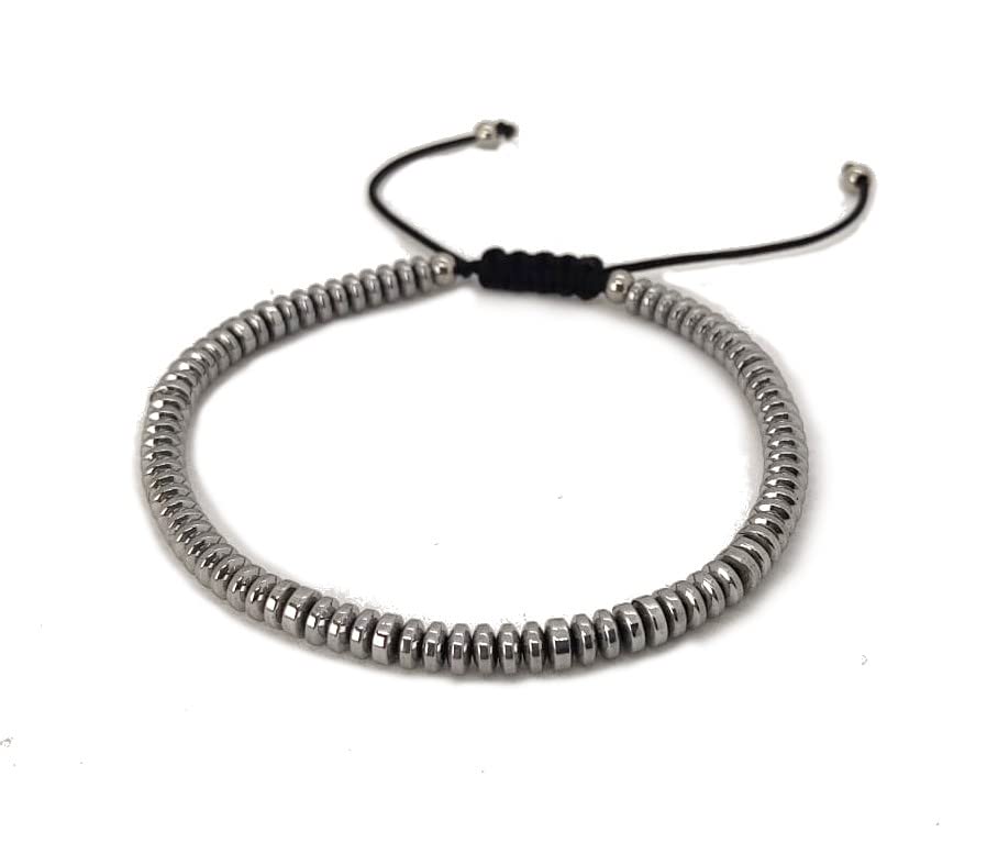 Habibi Jewels Bracciale da Uomo in Pietre Dure Rondelle Ematite 4 mm con Elementi in Acciaio e Chiusura Scorrevole Finitura Lucida Creazione artigianale, Made in Italy, Fatto a Mano