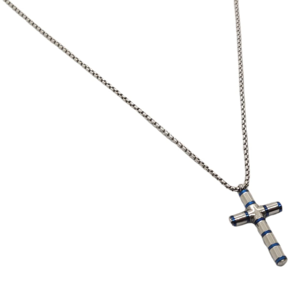 Habibi Jewels Collana Croce Acciaio Uomo Blu Lucida Catena a Maglia Festa del Papà Idea Regalo Compleanno Laurea