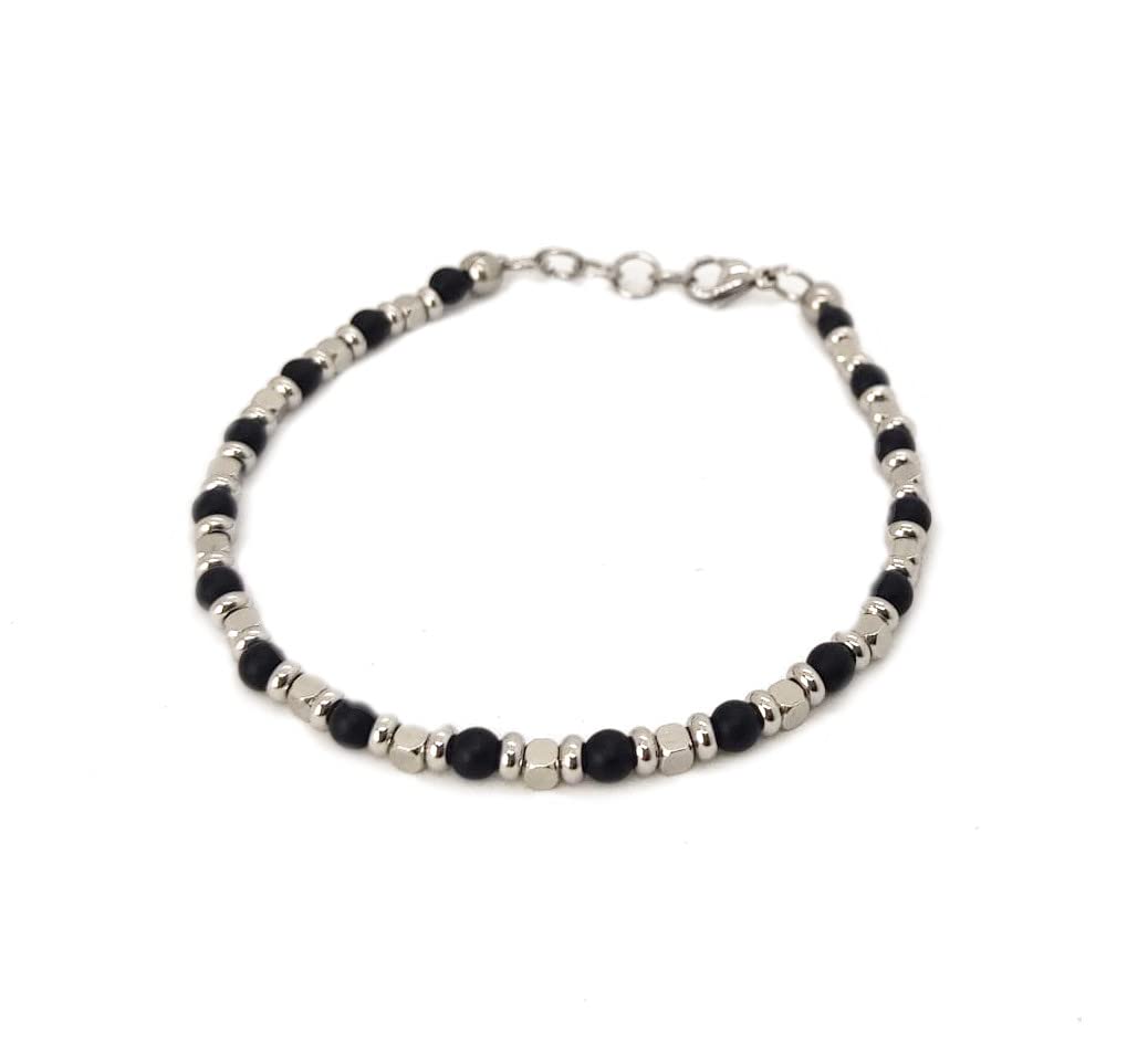 Bracciale da Uomo in Acciaio con Pietre Dure Onice Opaca Satinata 4 mm Dischi e Cubi in Acciaio Chiusura a Moschettone Regolabile Finitura Lucida Lavorazione Artigianale Fatto a Mano Made in Italy