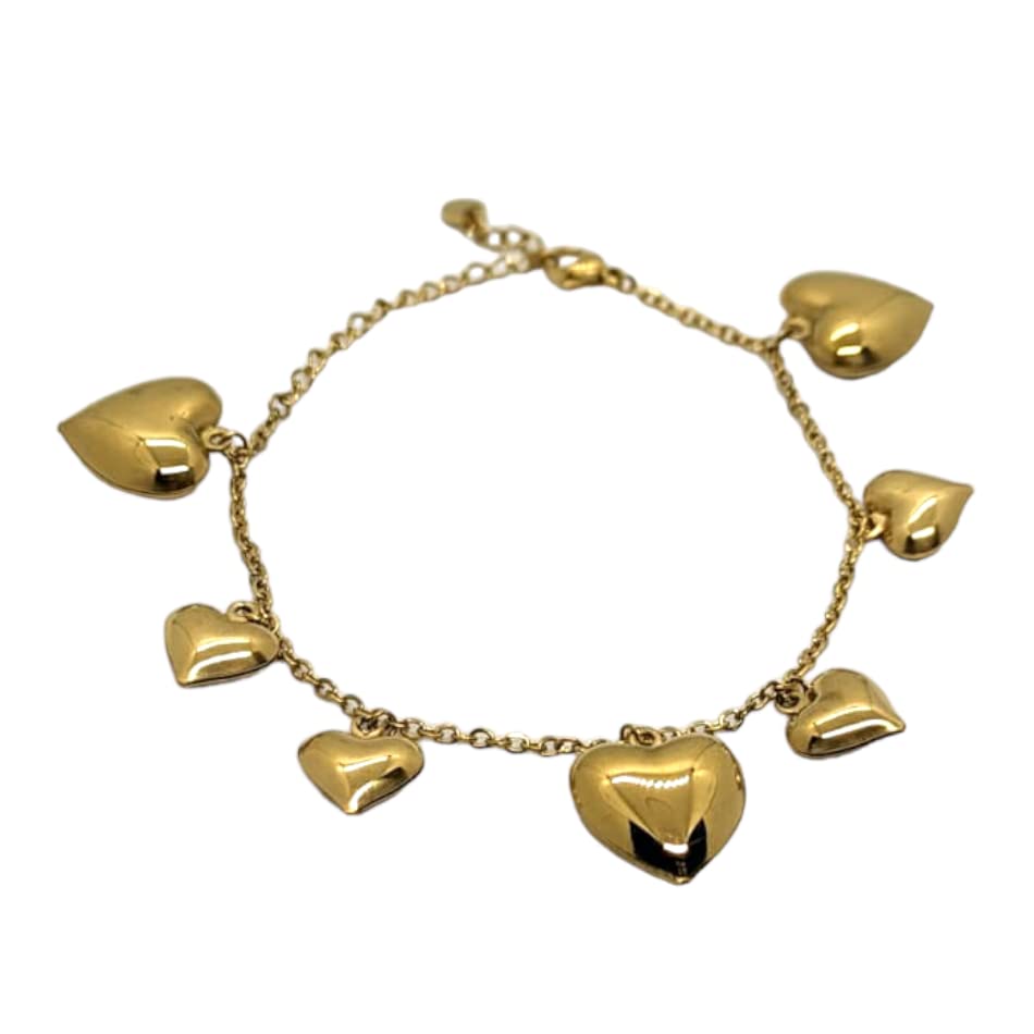 Habibi Jewels Bracciale in Acciaio da Donna con Cuori Pendenti Color Oro Gold Catena a Maglia Braccialetto Chiusura Moschettone Cuore Compleanno Laurea Onomastico Festa della Mamma