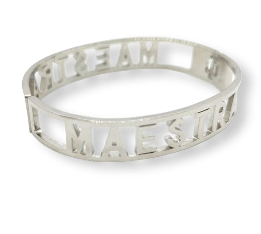 Habibi Jewels Bracciale MAESTRA in Acciaio Modello Rigido da Donna con Scritta Zirconi Bianchi Braccialetto Chiusura a Manetta Bracelet Woman Idea Regalo Insegnante Scuola Compleanno Laurea Amicizia