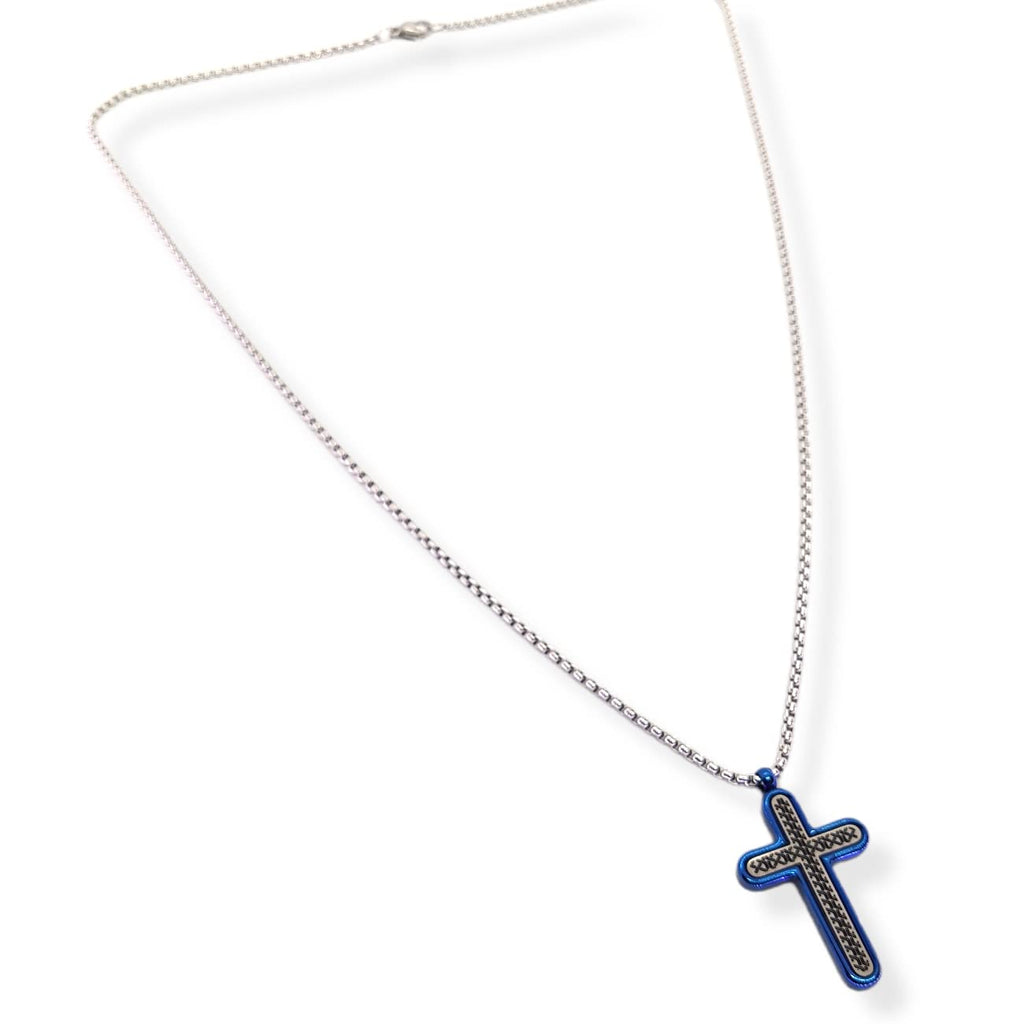 Habibi Jewels Collana Croce Acciaio Uomo Blu Catena a Maglia Chiusura a Moschettone Idea Regalo Festa del Papà Compleanno Laurea