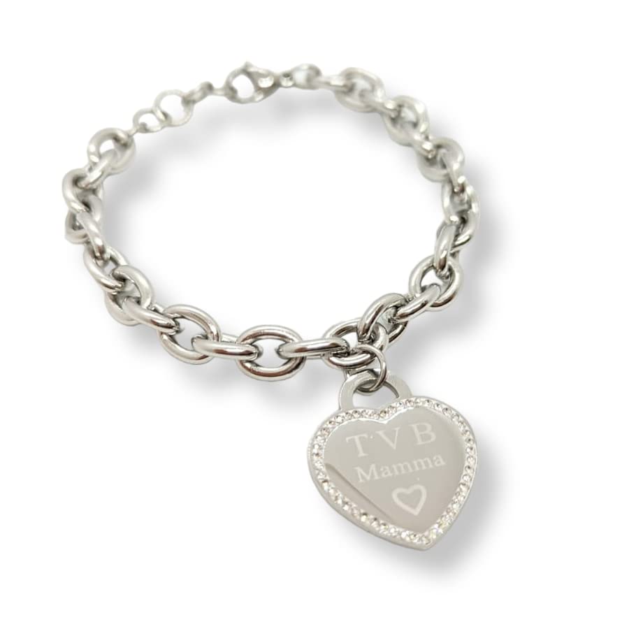 Bracciale da donna in Acciaio con Cuore Scritta Frase TVB MAMMA con Zirconi Catena a Maglia Larga Braccialetto Ti Voglio Bene Compleanno Laurea Onomastico Festa della Mamma Festa della Donna
