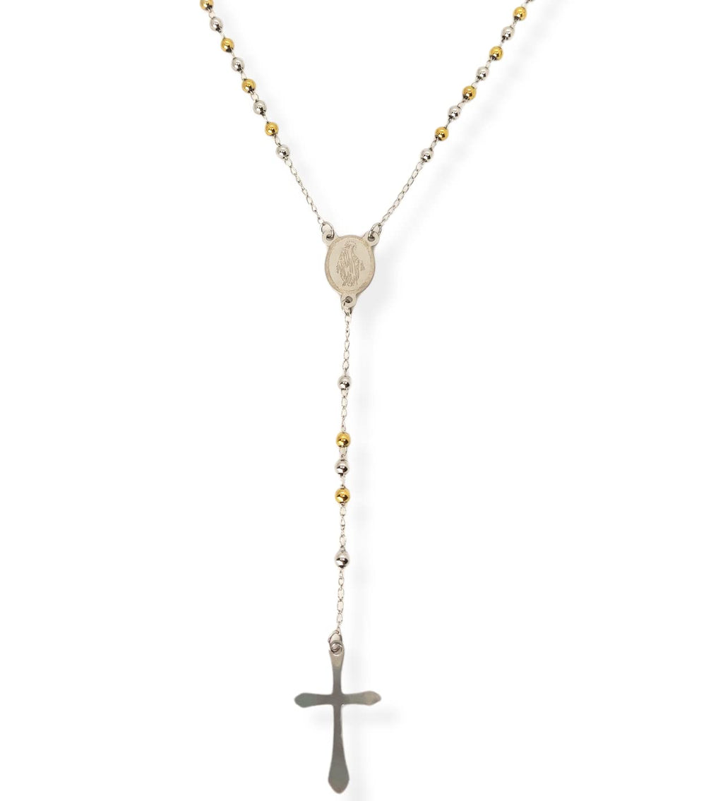 Habibi Jewels Collana Rosario in Acciaio da Uomo Donna Silver e Gold Grani Perline 4 mm Dorata Medaglietta Madonnina e Ciondolo Croce Idea Regalo Compleanno Laurea Onomastico Comunione