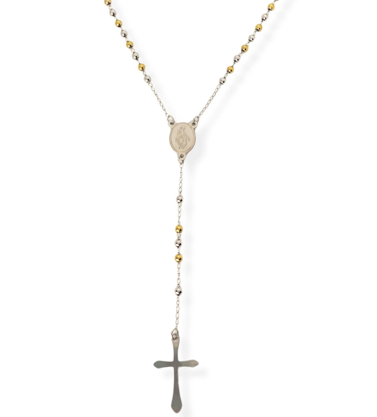 Habibi Jewels Collana Rosario in Acciaio da Uomo Donna Silver e Gold Grani Perline 4 mm Dorata Medaglietta Madonnina e Ciondolo Croce Idea Regalo Compleanno Laurea Onomastico Comunione