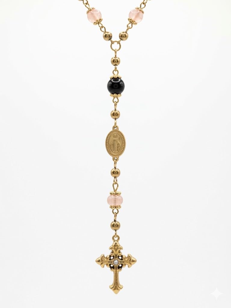 Habibi Jewels Collana Rosario da Donna in Acciaio Inossidabile Gold Dorato con Pietre Colorate e Pendente Croce, Gioiello Religioso Elegante Resistente all'Acqua