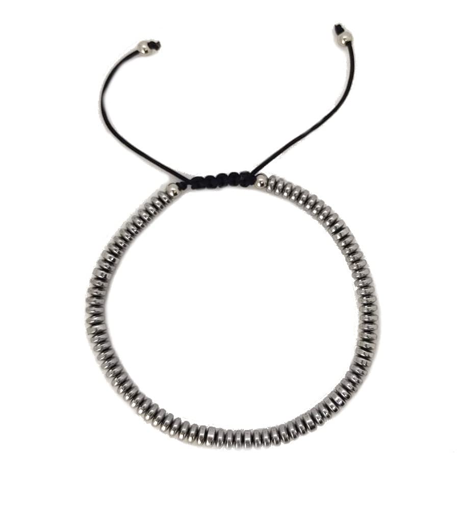 Habibi Jewels Bracciale da Uomo in Pietre Dure Rondelle Ematite 4 mm con Elementi in Acciaio e Chiusura Scorrevole Finitura Lucida Creazione artigianale, Made in Italy, Fatto a Mano