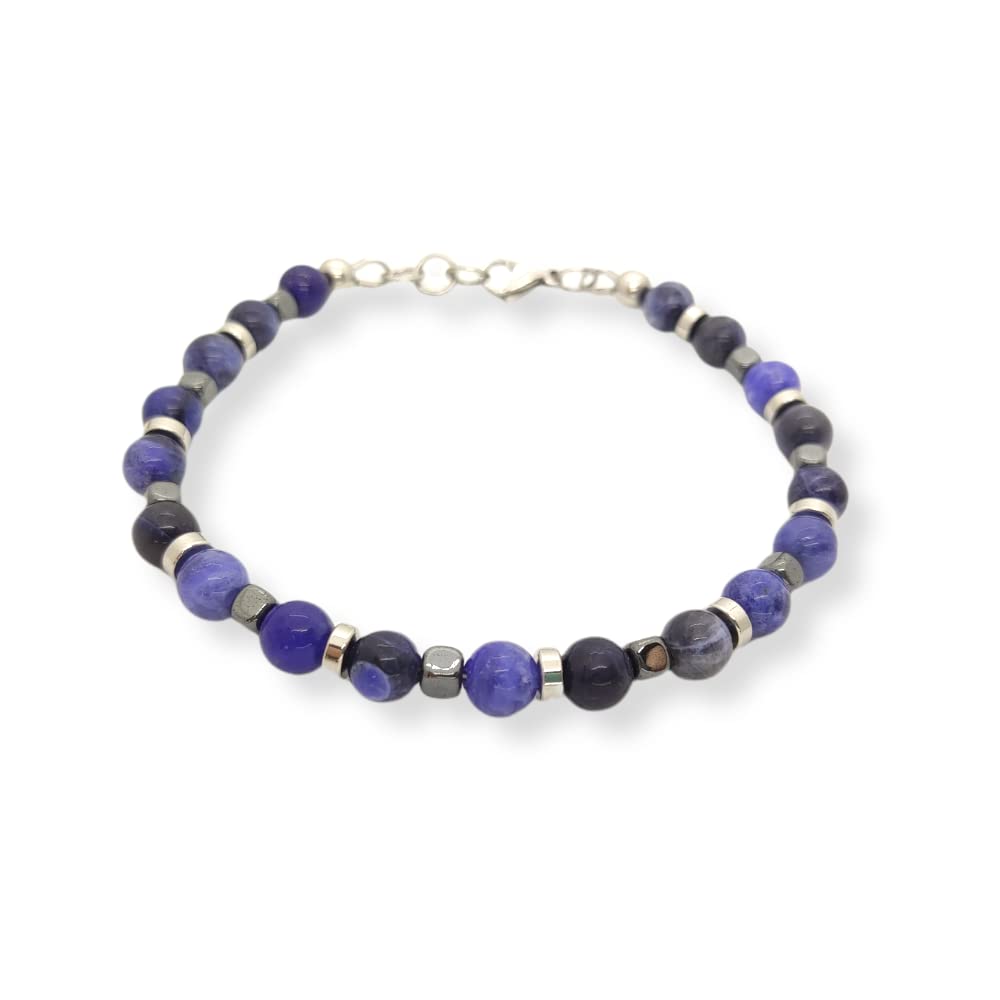 Habibi Jewels Bracciale Uomo Donna con Pietre dure Sodalite da 6 mm ematite a cubetti dischetti in acciaio cavo ed elementi in acciaio Idea Regalo Compleanno Natale Bijoux