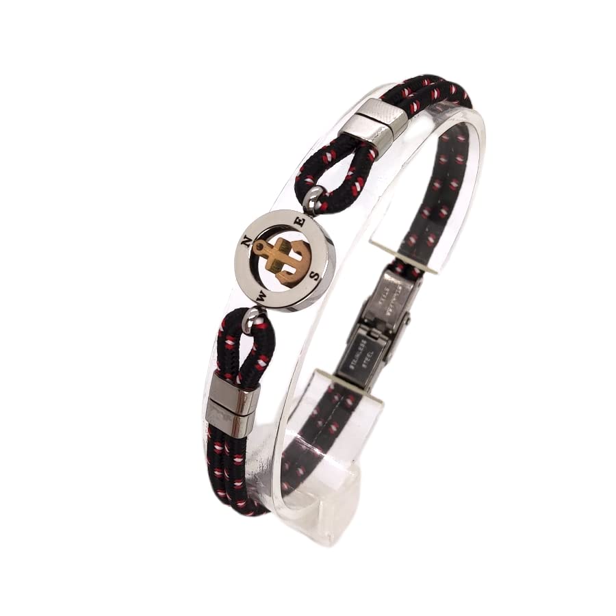 Habibi Jewels Bracciale Ancora Uomo in Acciaio e Cordino Nero e Rosso con Chiusura ad Incastro Braccialetto Navy Idea Regalo Festa del Papà Compleanno Laurea