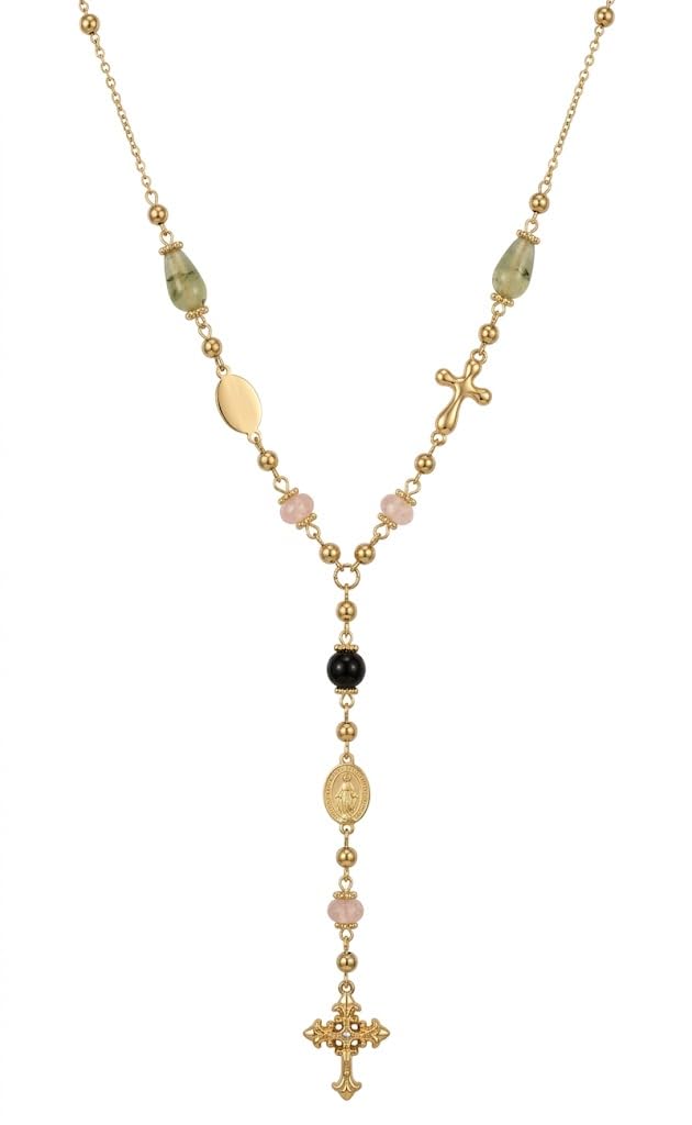 Habibi Jewels Collana Rosario da Donna in Acciaio Inossidabile Gold Dorato con Pietre Colorate e Pendente Croce, Gioiello Religioso Elegante Resistente all'Acqua