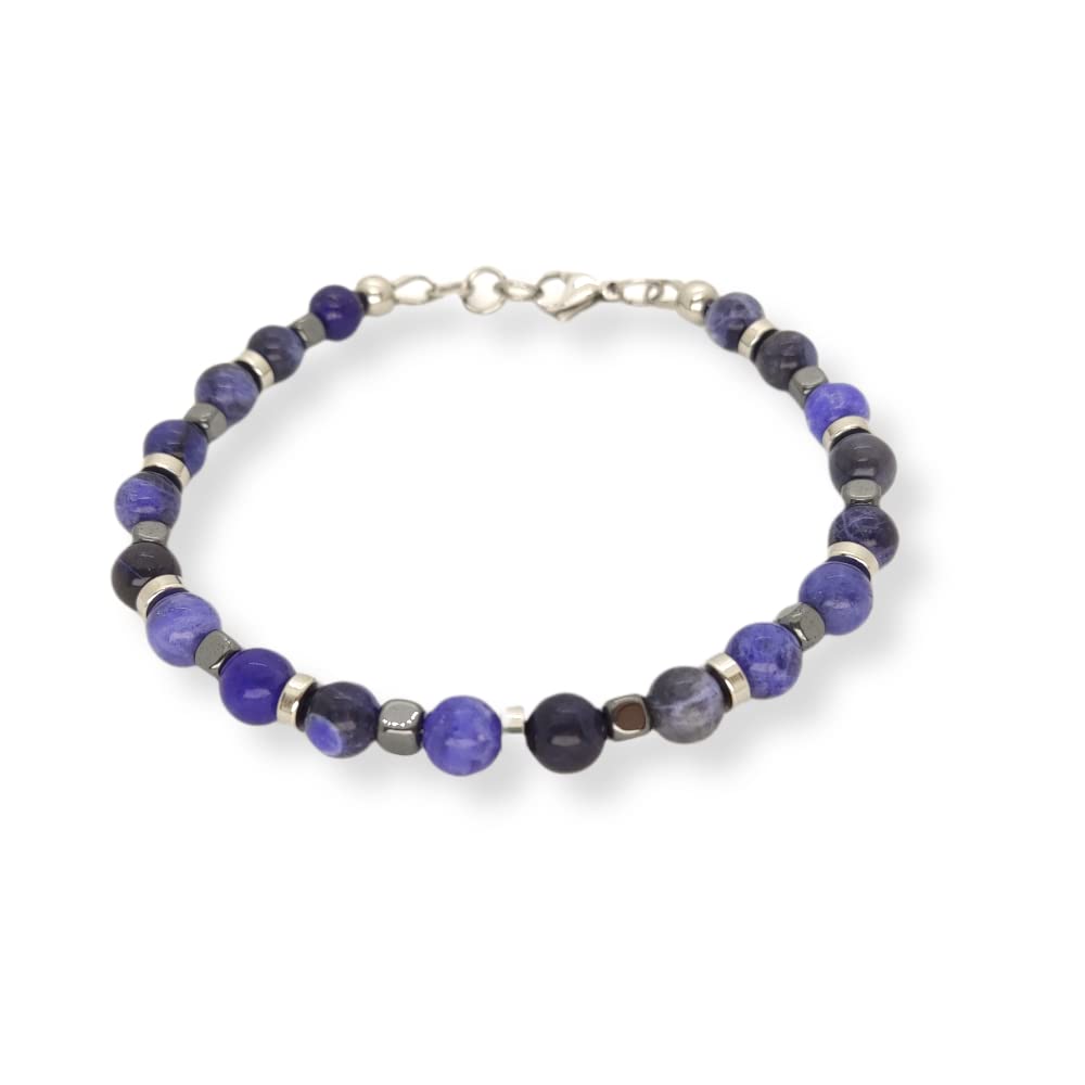 Habibi Jewels Bracciale Uomo Donna con Pietre dure Sodalite da 6 mm ematite a cubetti dischetti in acciaio cavo ed elementi in acciaio Idea Regalo Compleanno Natale Bijoux