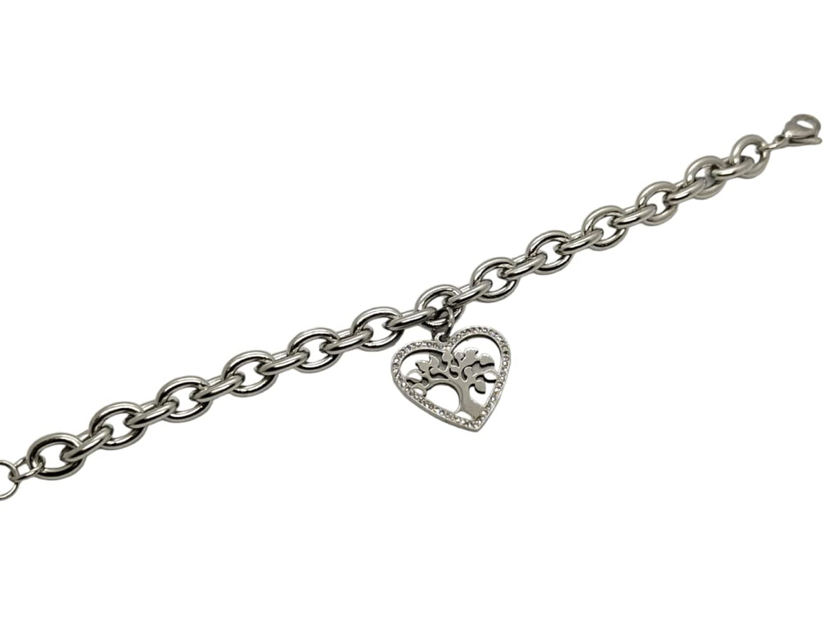 Bracciale da Donna in Acciaio con Cuore Albero della Vita Zirconi Brillantini Catena a Maglia Larga Braccialetto Compleanno Laurea Onomastico Festa della Mamma Festa della Donna Amicizia