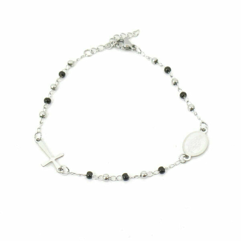 Habibi Jewels Bracciale Rosario in Acciaio colore Acciaio e nero da Uomo Donna con Croce e Medaglietta Braccialetto Unisex Crocifisso Compleanno Natale Idea Regalo Festa della Mamma
