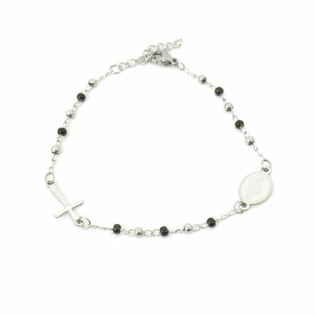 Habibi Jewels Bracciale Rosario in Acciaio colore Acciaio e nero da Uomo Donna con Croce e Medaglietta Braccialetto Unisex Crocifisso Compleanno Natale Idea Regalo Festa della Mamma