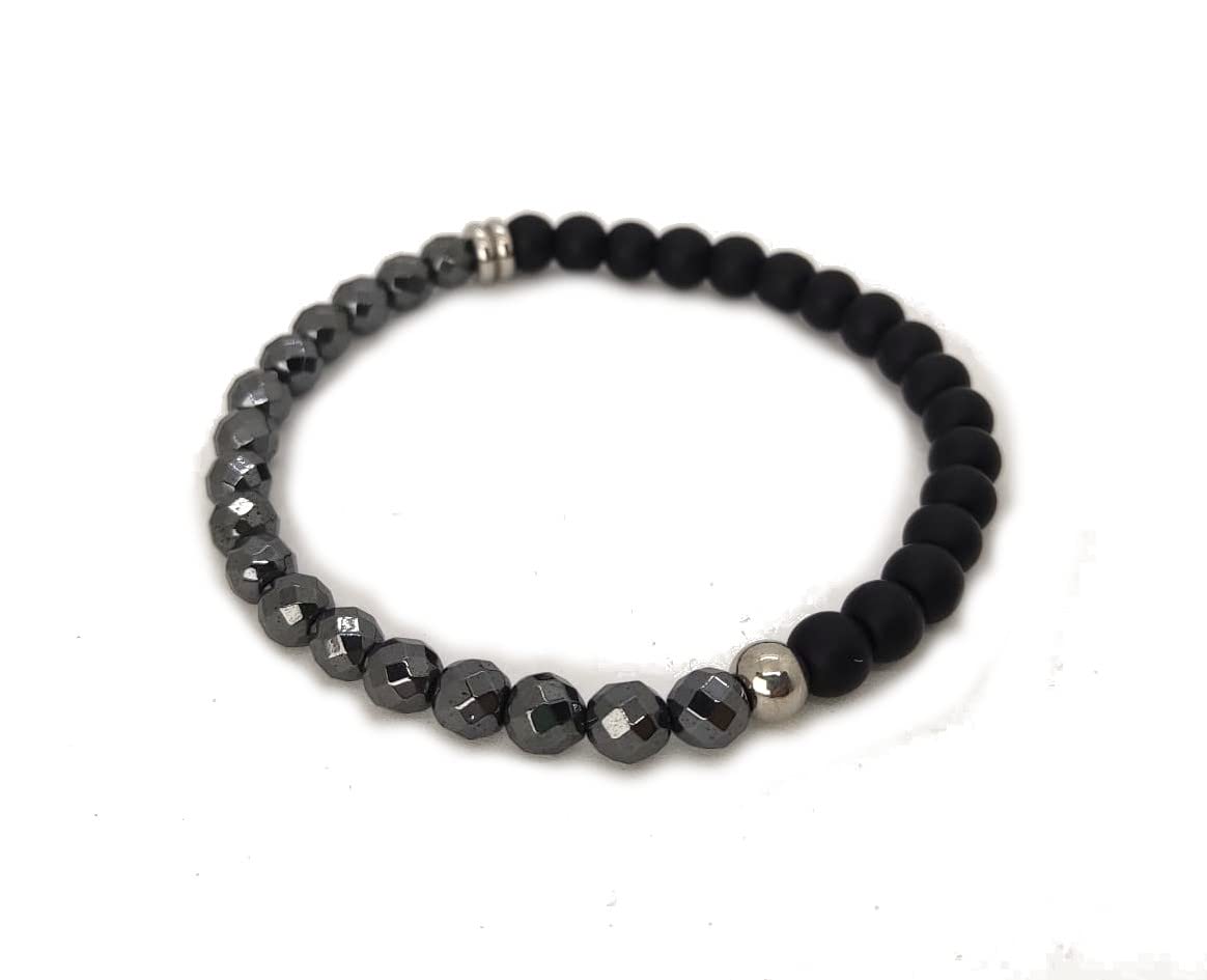 Habibi Jewels Bracciale da Uomo Elastico in Pietre Dure Onice Satinata ed Ematite Sfaccettata da 6 mm, con Elementi in Acciaio Finitura Lucida Lavorazione Artigianale Fatto a Mano Made in Italy
