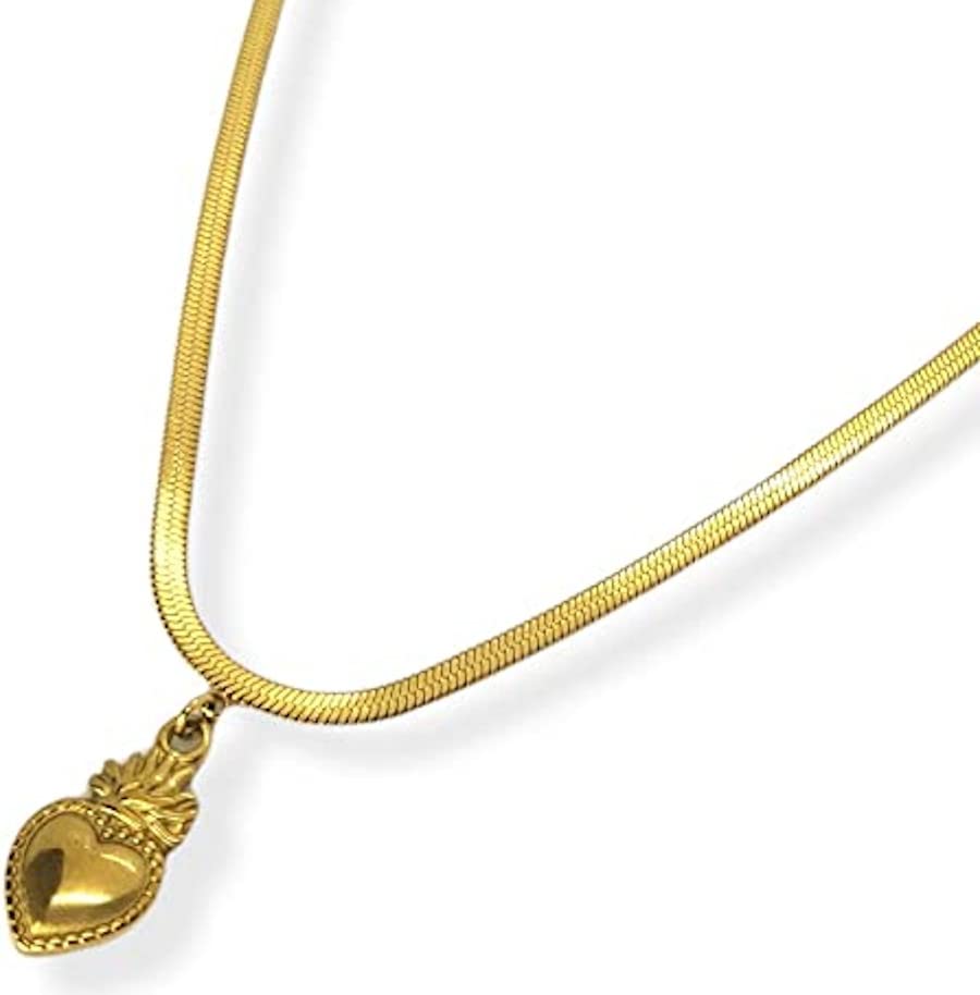 Habibi Jewels Collana da Donna in Acciaio Modello Piatto Snake Color Oro Giallo Dorata con Ciondolo Sacro Cuore Ex Voto Idea Regalo Compleanno Festa della Mamma Natale