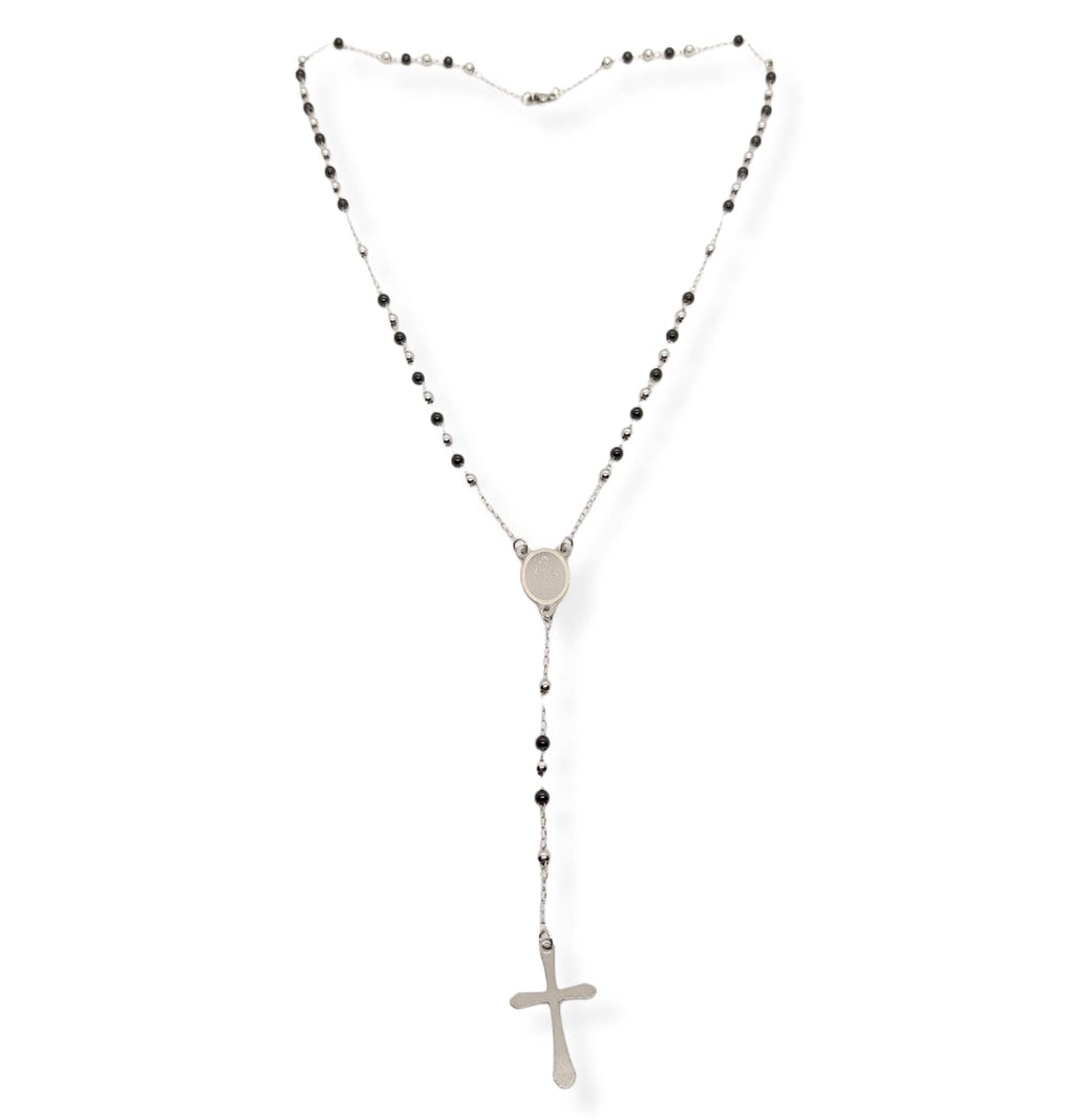 Habibi Jewels Collana Rosario in Acciaio da Uomo Donna Silver e Nero Grani Perline 4 mm Medaglietta Madonnina e Ciondolo Croce Idea Regalo Compleanno Laurea Onomastico Comunione