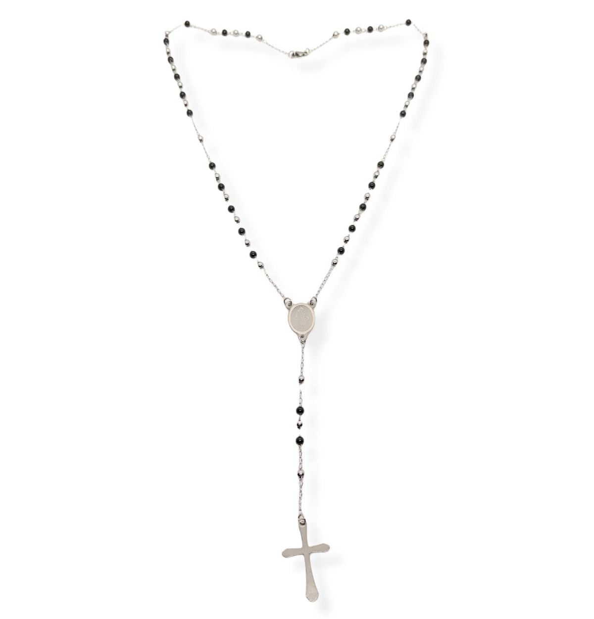 Habibi Jewels Collana Rosario in Acciaio da Uomo Donna Silver e Nero Grani Perline 4 mm Medaglietta Madonnina e Ciondolo Croce Idea Regalo Compleanno Laurea Onomastico Comunione