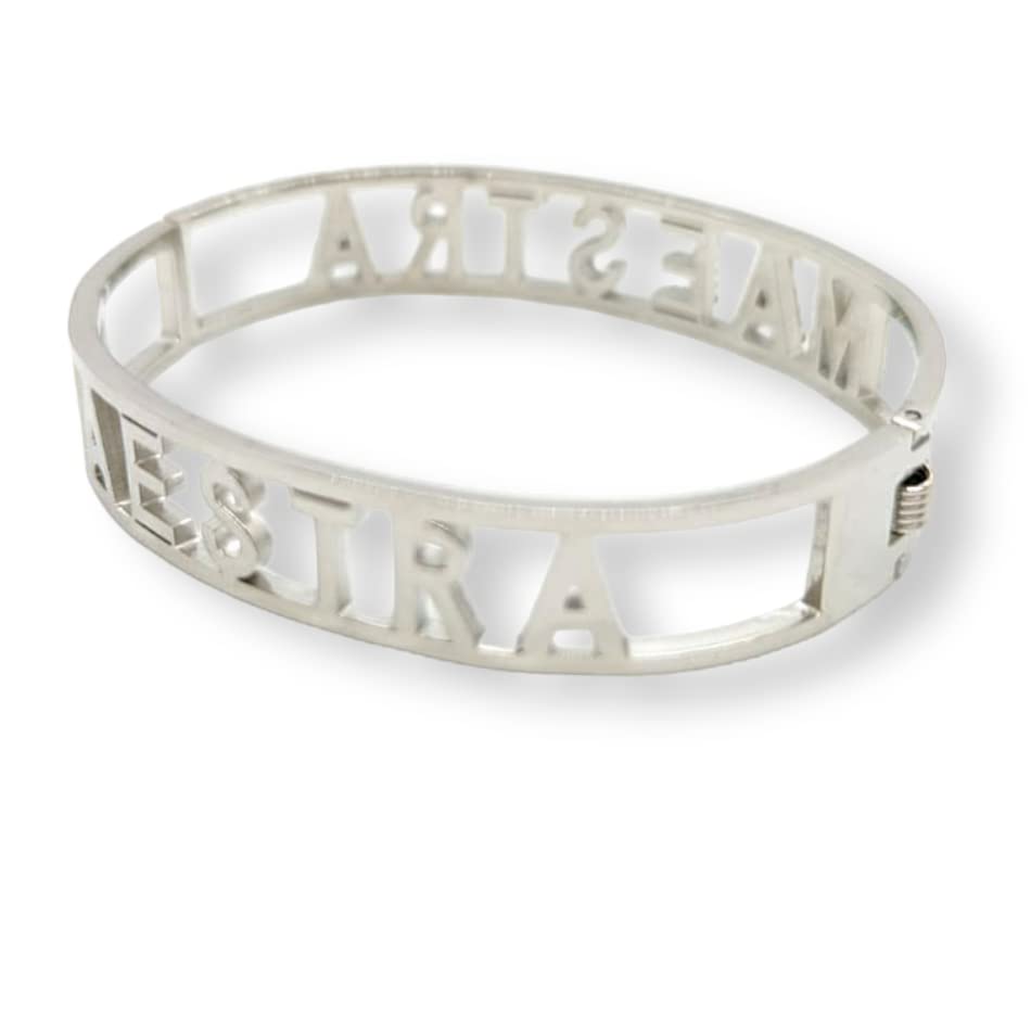 Habibi Jewels Bracciale MAESTRA in Acciaio Modello Rigido da Donna con Scritta Zirconi Bianchi Braccialetto Chiusura a Manetta Bracelet Woman Idea Regalo Insegnante Scuola Compleanno Laurea Amicizia