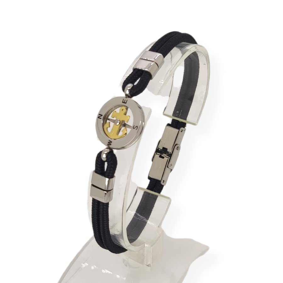 Habibi Jewels Bracciale Ancora Uomo in Acciaio e Cordino Nero con Centrale Dorata Chiusura ad Incastro Braccialetto Navy Idea Regalo Festa del Papà Compleanno Laurea