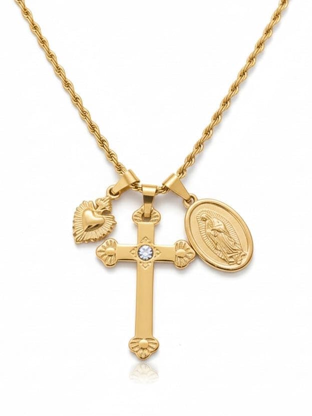 Habibi Jewels Collana Acciaio Croce Sacro Cuore Madonnina Gold Dorato con Collana Torchon Intrecciata per Donna Elegante e Moderna Festa della Mamma Compleanno Idea Regalo