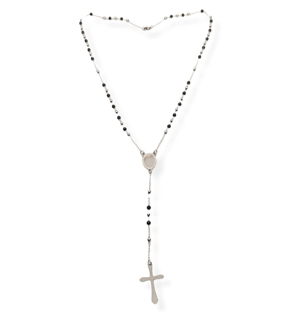 Habibi Jewels Collana Rosario in Acciaio da Uomo Donna Silver e Nero Grani Perline 4 mm Medaglietta Madonnina e Ciondolo Croce Idea Regalo Compleanno Laurea Onomastico Comunione