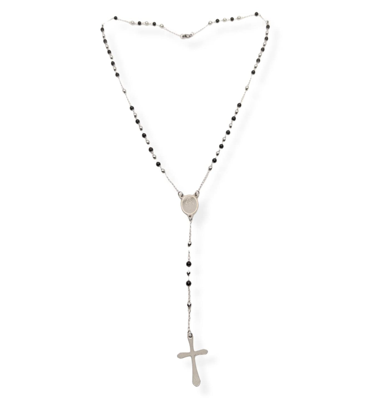 Habibi Jewels Collana Rosario in Acciaio da Uomo Donna Silver e Nero Grani Perline 4 mm Medaglietta Madonnina e Ciondolo Croce Idea Regalo Compleanno Laurea Onomastico Comunione