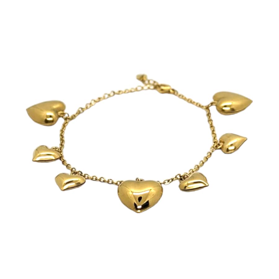 Habibi Jewels Bracciale in Acciaio da Donna con Cuori Pendenti Color Oro Gold Catena a Maglia Braccialetto Chiusura Moschettone Cuore Compleanno Laurea Onomastico Festa della Mamma