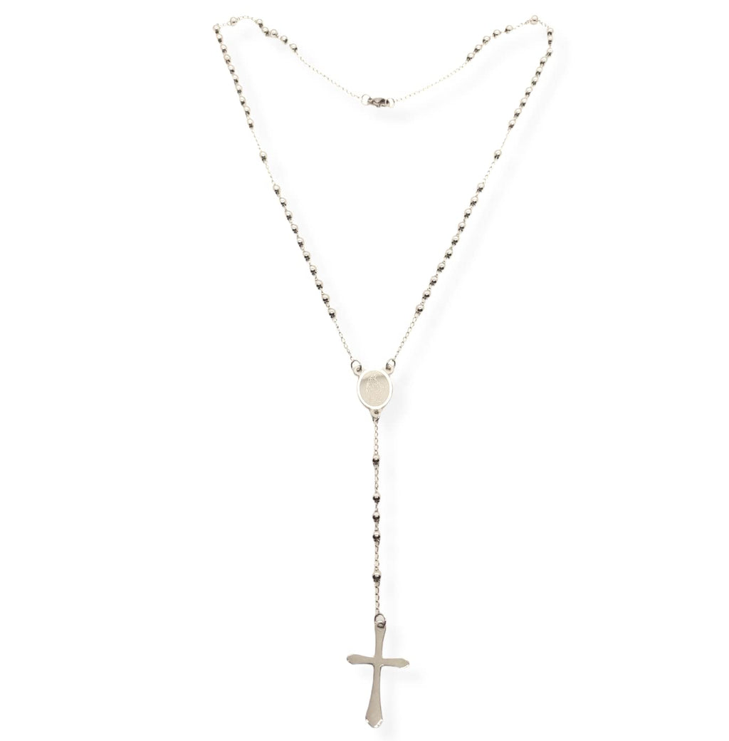 Habibi Jewels Collana Rosario in Acciaio da Uomo Donna Silver Grani Perline 4 mm Medaglietta Madonnina e Ciondolo Croce Idea Regalo Compleanno Laurea Onomastico Comunione