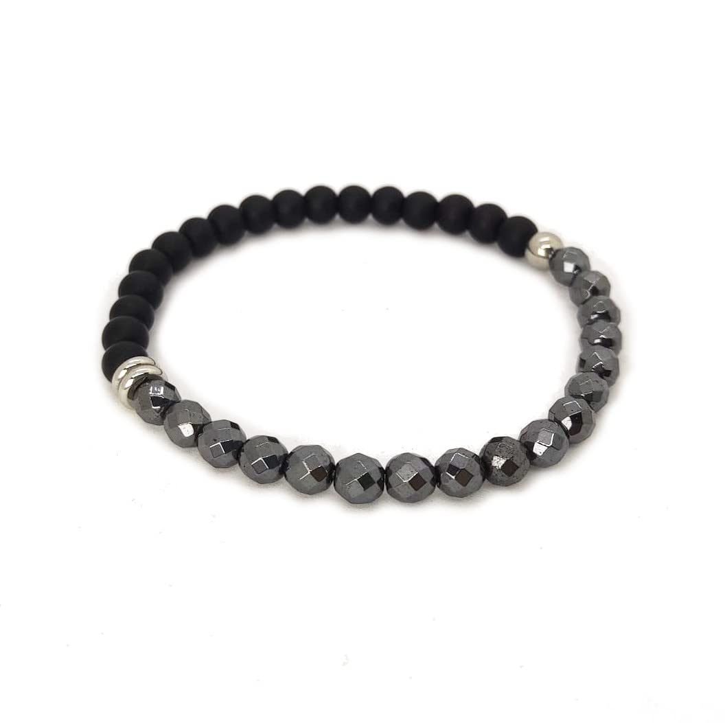 Habibi Jewels Bracciale da Uomo Elastico in Pietre Dure Onice Satinata ed Ematite Sfaccettata da 6 mm, con Elementi in Acciaio Finitura Lucida Lavorazione Artigianale Fatto a Mano Made in Italy