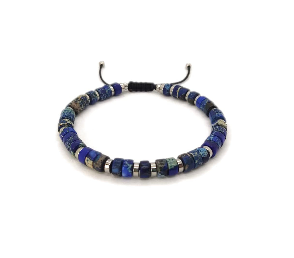 Habibi Jewels Bracciale da Uomo in Pietre Dure Rondelle Diaspro Blu da 6 mm con Elementi in Acciaio e Chiusura Scorrevole Finitura Lucida Lavorazione Artigianale Fatto a Mano Made in Italy