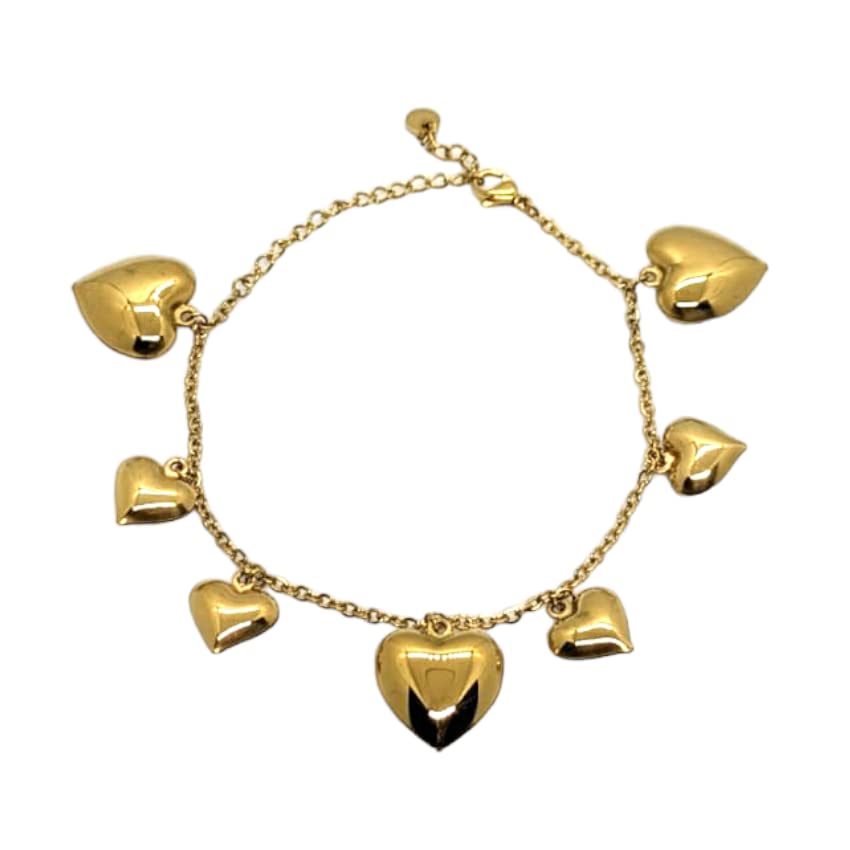 Habibi Jewels Bracciale in Acciaio da Donna con Cuori Pendenti Color Oro Gold Catena a Maglia Braccialetto Chiusura Moschettone Cuore Compleanno Laurea Onomastico Festa della Mamma