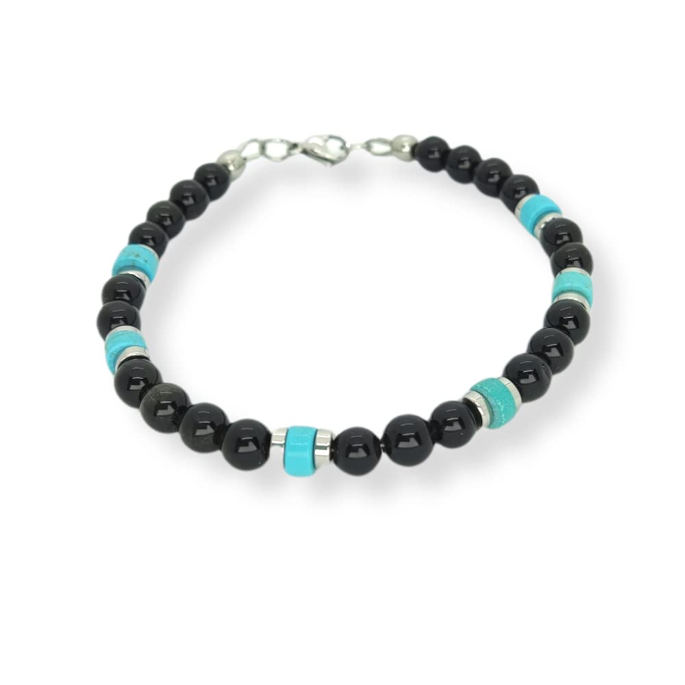 Habibi Jewels Bracciale Uomo Donna pietre dure Onice da 6 mm turchese a rondelle dischetti in acciaio cavo ed elementi in acciaio Idea Regalo Bijoux Gioiello
